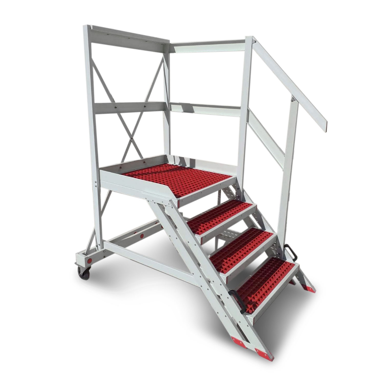 EM2008 | Échelle avec plate-forme, barrière de sécurité et roues, en fibre de verre